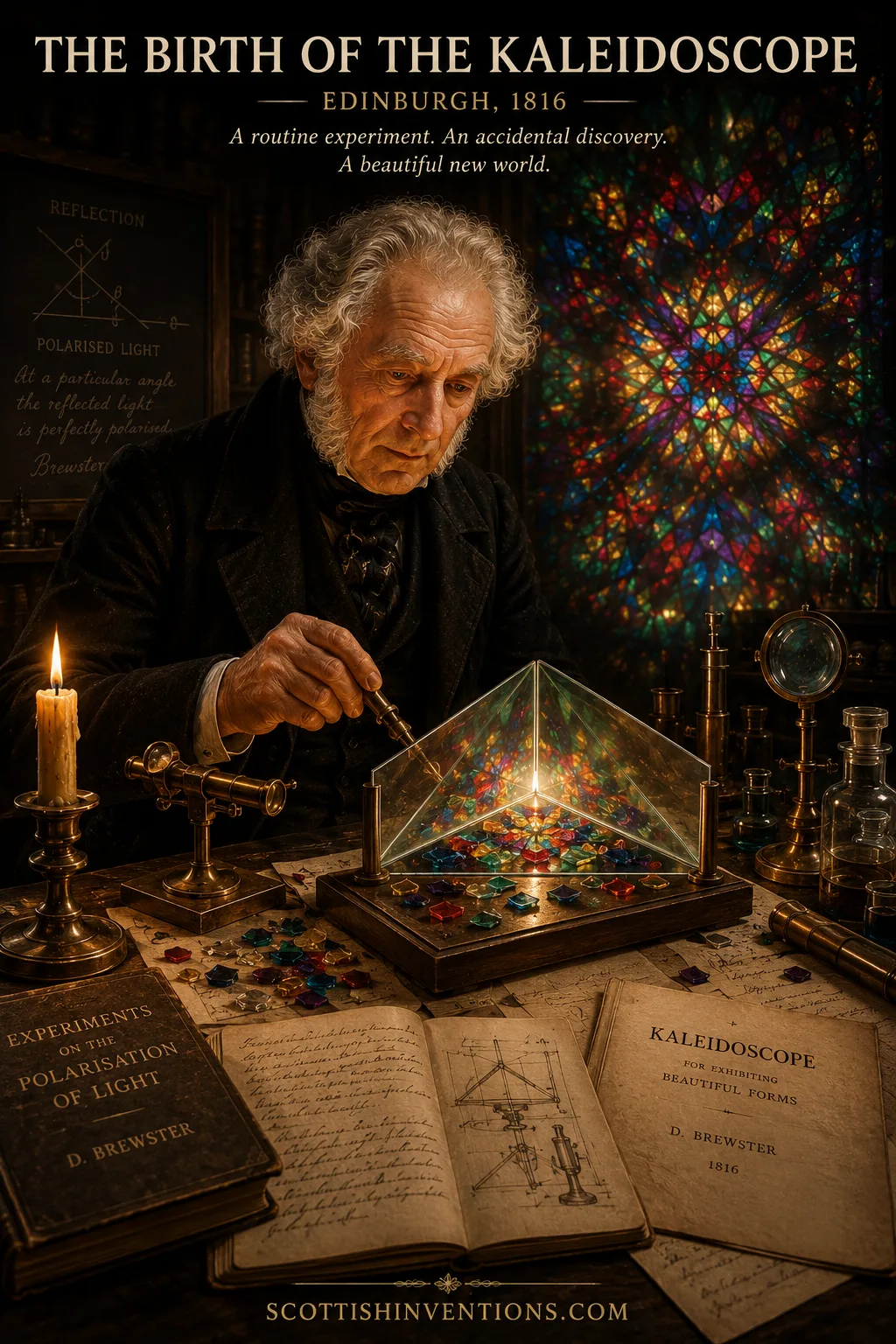 David Brewster discovering kaleidoscope mirror patterns during optics experiments