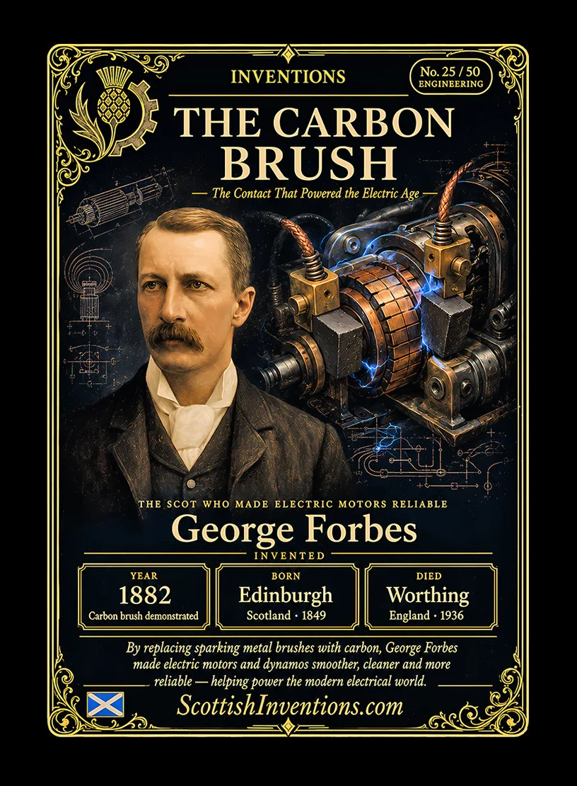 The Carbon Brush — Scottish Inventions Collection The Carbon Brush collectible card — George Forbes, born Edinburgh Scotland 1849, died Worthing England 1936, demonstrated the carbon brush in 1882 making electric motors and dynamos smoother, cleaner and more reliable, Scottish Inventions Collection No. 25 of 50