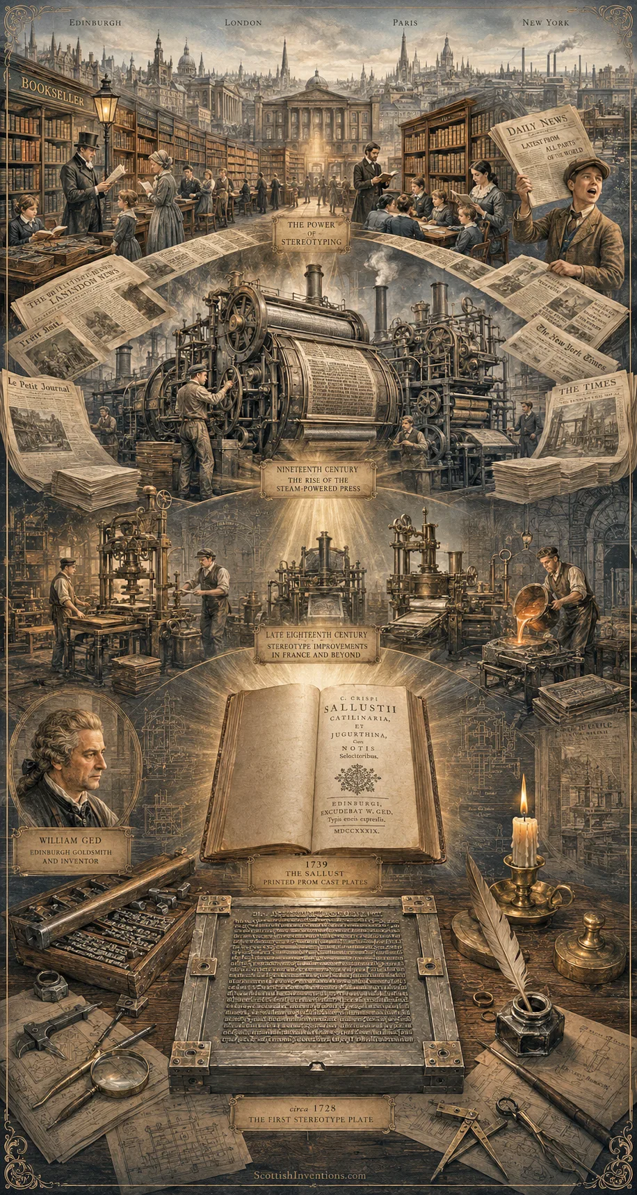 Timeline showing how William Ged's stereotype printing led to nineteenth-century newspapers, books and global publishing