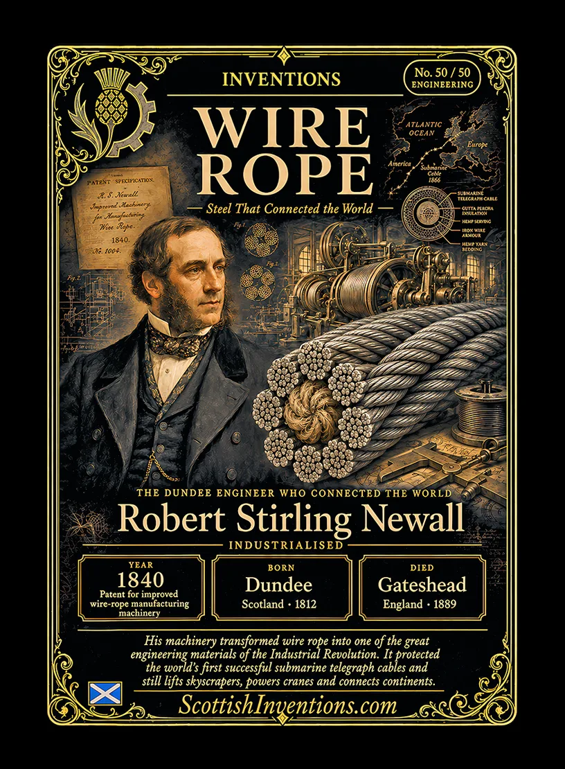 Wire Rope / Wire Rope Back — Scottish Inventions Collection Wire Rope collectible card — Robert Stirling Newall, born Dundee Scotland 1812, died Gateshead England 1889, patented machinery for manufacturing wire rope on 17 August 1840, industrialised modern wire-rope production, Scottish Inventions Collection No. 50 of 50