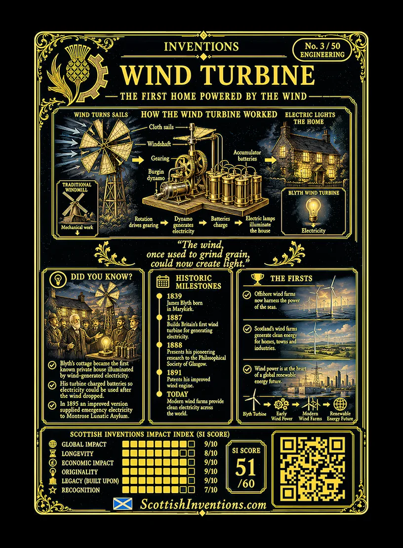 The Wind Turbine / The Wind Turbine Back back — Scottish Inventions Collection The Wind Turbine card reverse — process diagram showing wind turning cloth sails, a dynamo generating electricity, and accumulators storing power for electric lighting; James Blyth timeline from 1839 to his 1891 wind engine patent; legacy panel explaining how Blyth proved wind could generate and store usable electricity