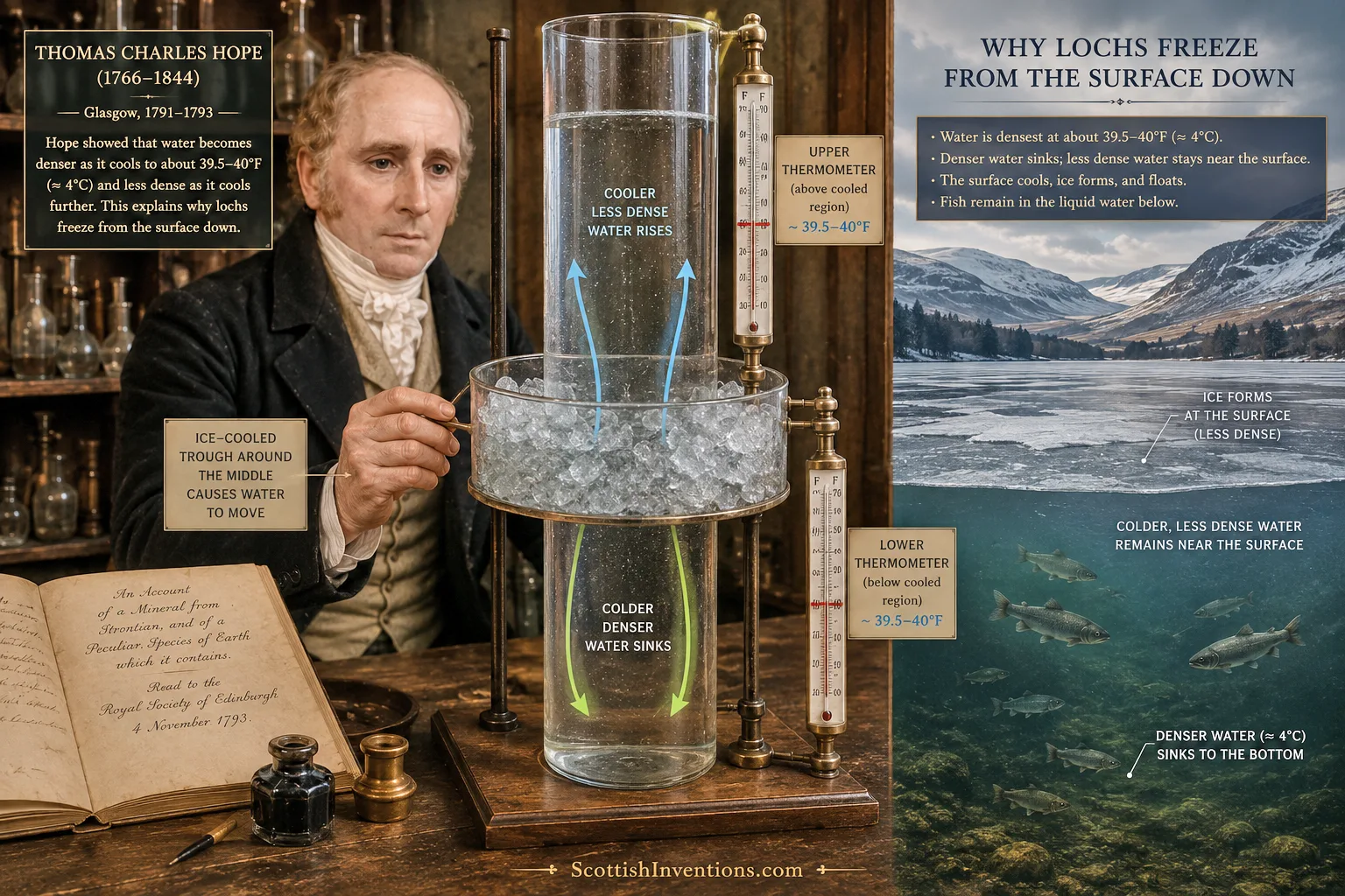 Diagram of Hope's apparatus demonstrating that water reaches its maximum density at approximately 4 degrees C, explaining why lochs freeze from the surface down.