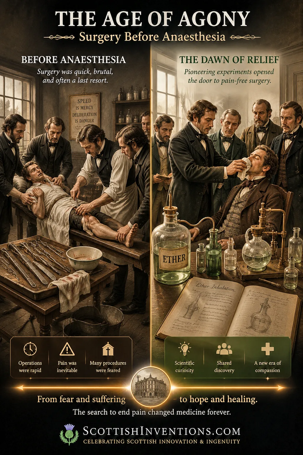 Comparison between surgery before anaesthesia and after James Young Simpson's discovery