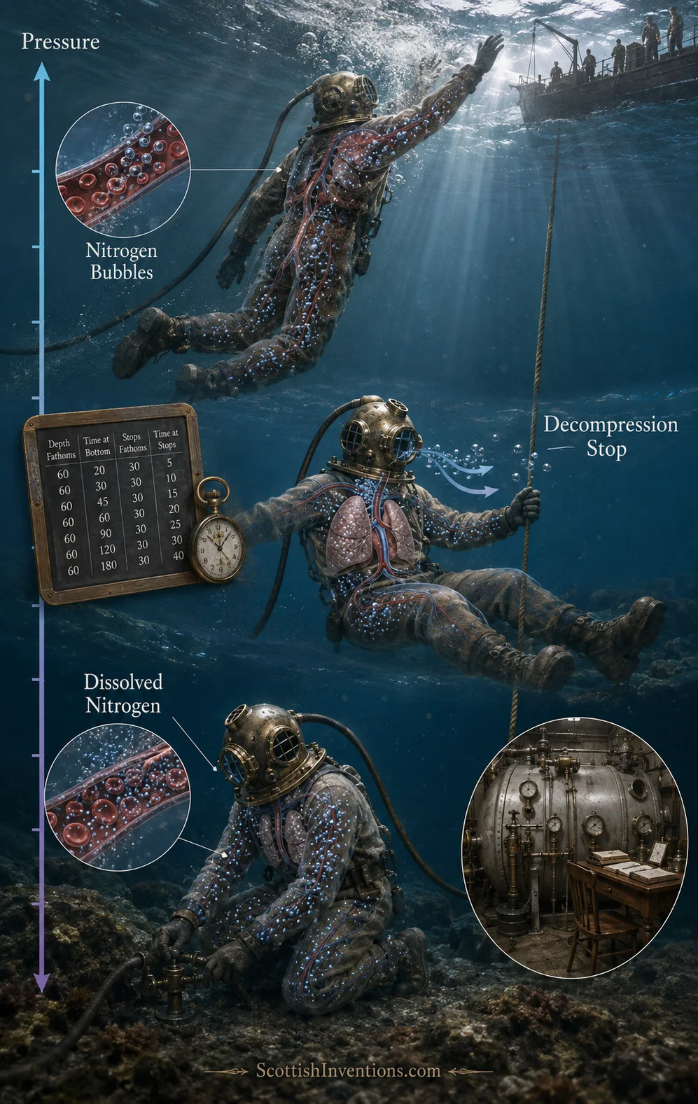 Diagram of a diver undergoing staged decompression, showing nitrogen bubbles dissolving from the bloodstream at timed depth stops, alongside a period pressure chamber