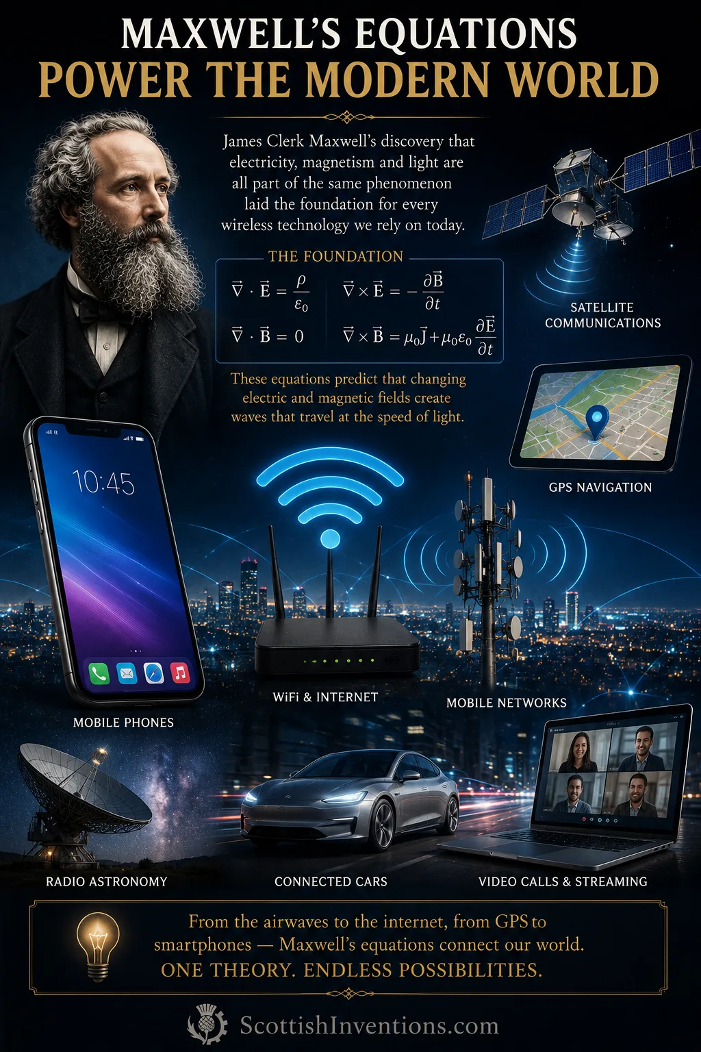 Modern wireless technologies including smartphones, WiFi, satellites and GPS enabled by Maxwell's electromagnetic theory.