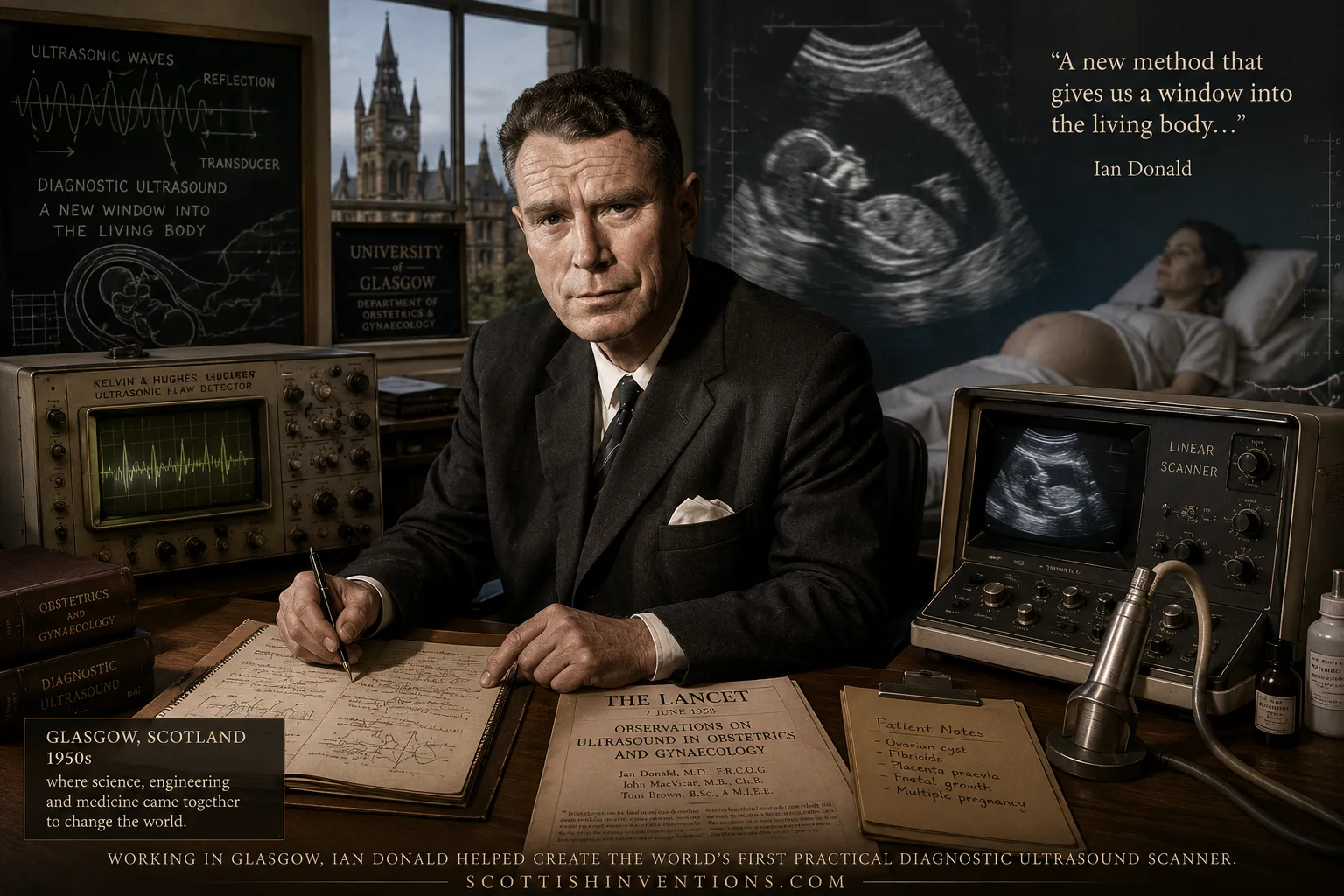 Ian Donald — University of Glasgow, 1950s Professor Ian Donald in Glasgow, Scotland, pioneer of the world's first practical diagnostic ultrasound scanner.