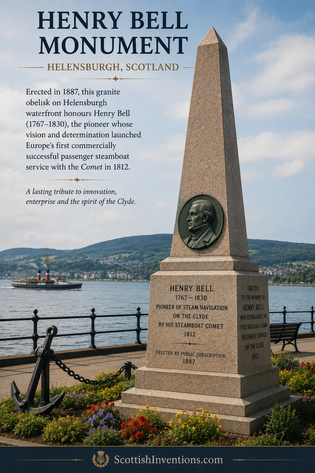 Henry Bell memorial monument on the Helensburgh waterfront in Scotland.