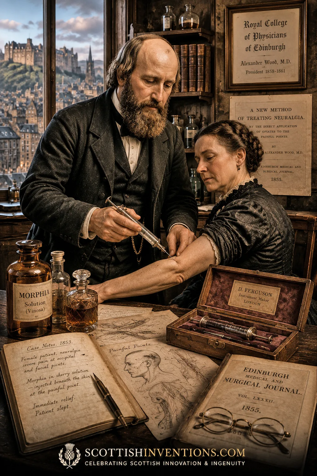 Alexander Wood administering one of the first hypodermic injections in Edinburgh using his glass syringe