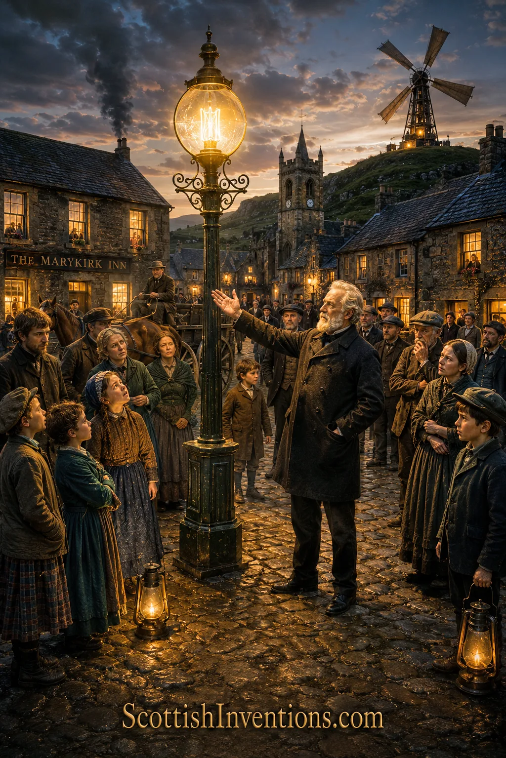 James Blyth demonstrating electric lighting to villagers in Marykirk during the late nineteenth century