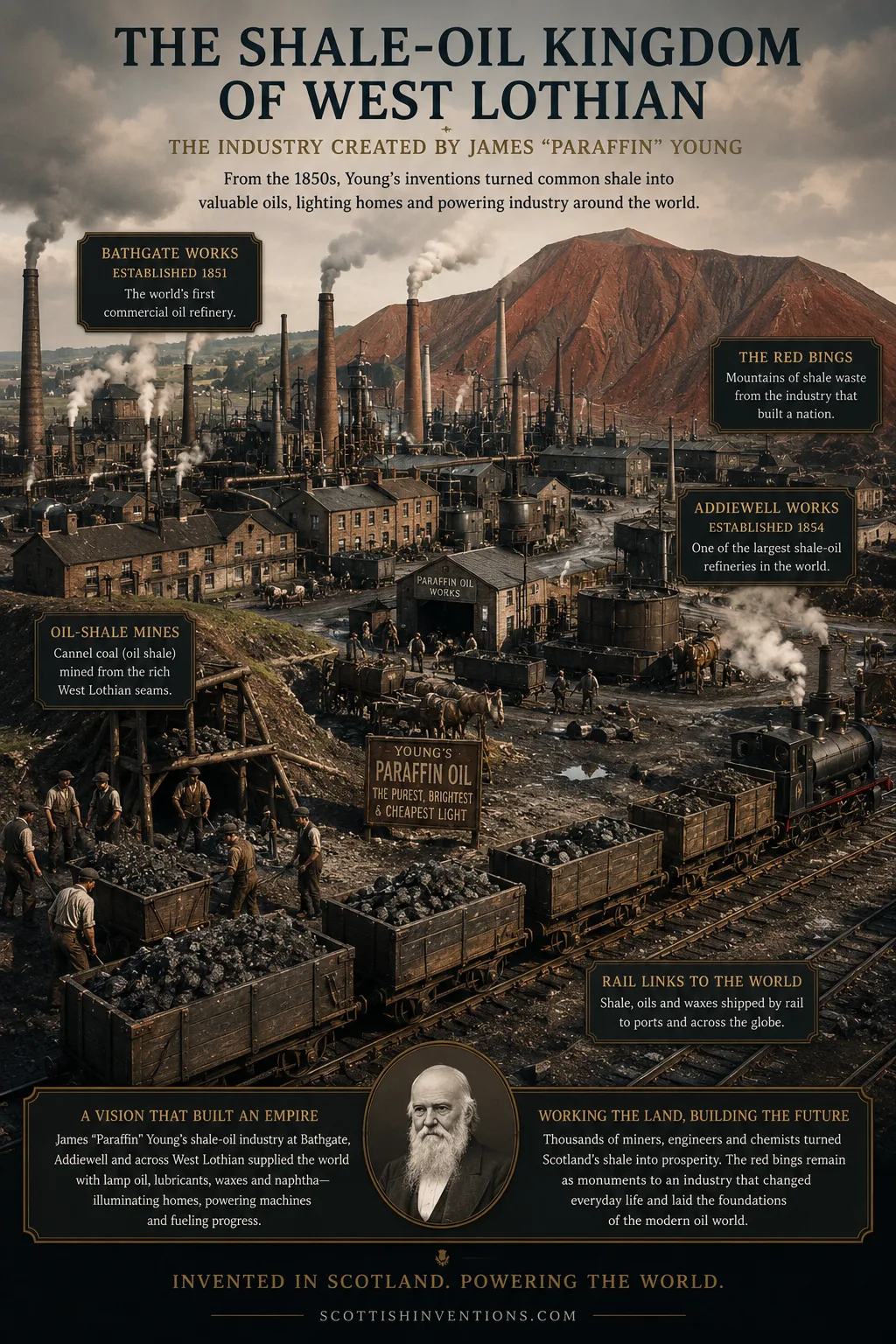 West Lothian shale oil industry founded by James Young with refineries and red bings