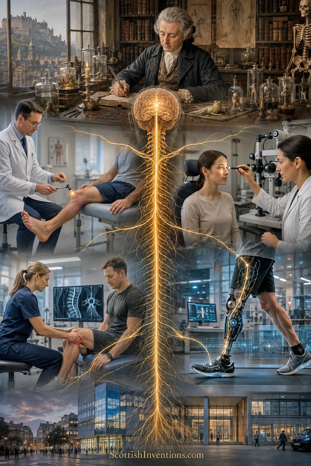 A legacy chain from Whytt's 1751 study through modern neurological examination, spinal injury assessment and prosthetics feedback loops.