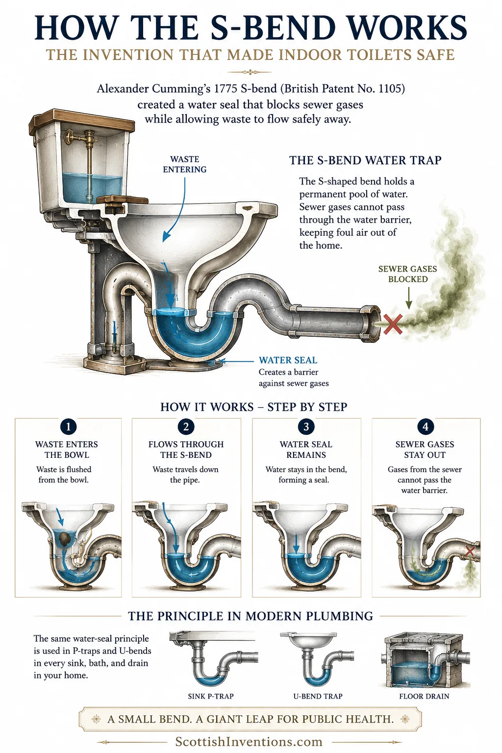 Diagram explaining how Alexander Cumming's S-bend water trap blocks sewer gases using a permanent water seal