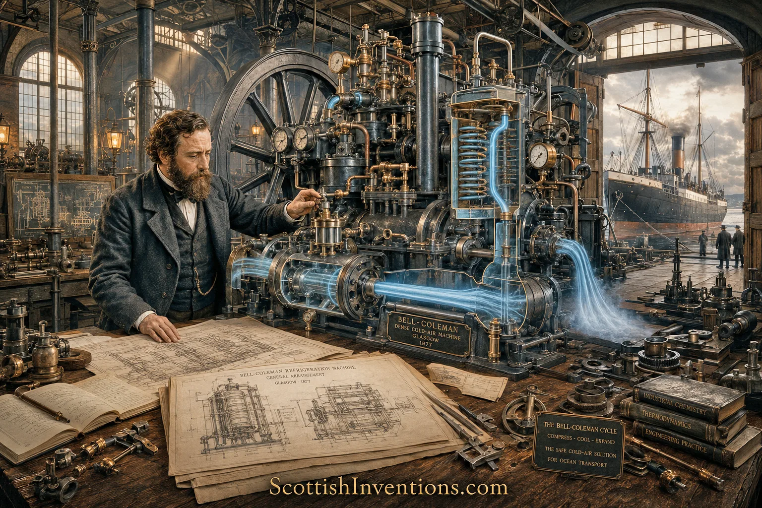 Joseph James Coleman & the Bell-Coleman Machine — Glasgow, 1877 Joseph James Coleman developing the Bell-Coleman dense cold-air refrigeration machine in Glasgow, the invention that made refrigerated shipping possible.