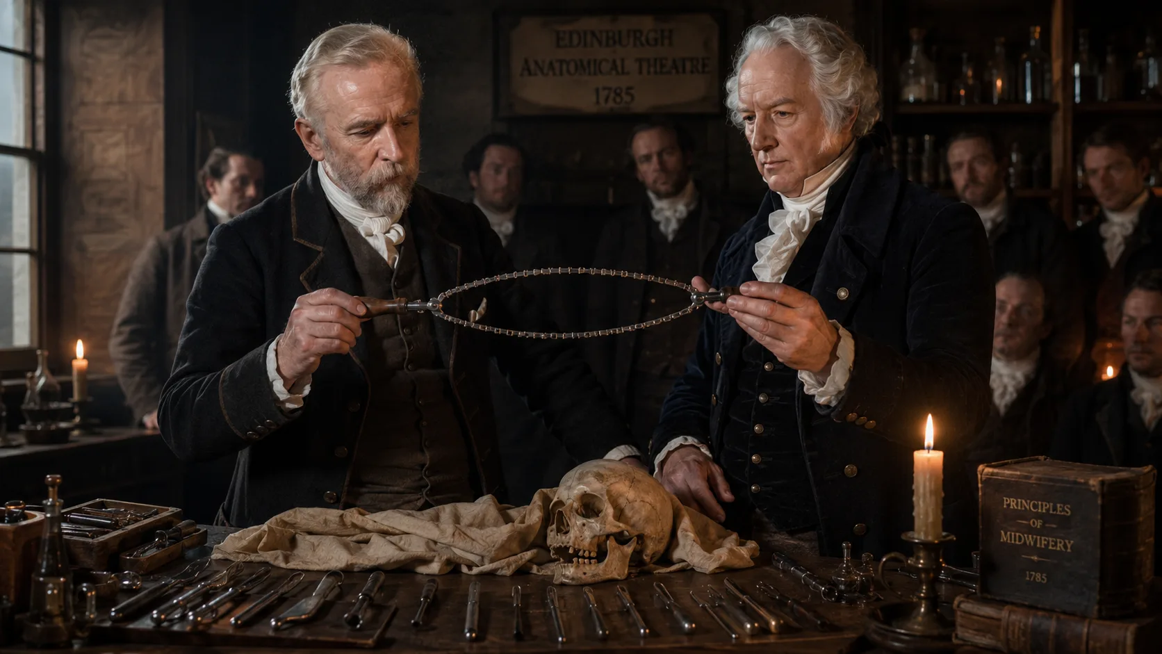 Scottish surgeons John Aitken and James Jeffray examining the original surgical chainsaw in an 18th-century Edinburgh anatomical theatre.