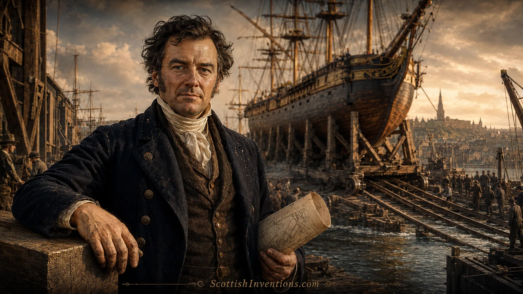 Thomas Morton Inventor of the Patent Slip Thomas Morton, Scottish shipbuilder from Leith, standing beside the world's first Patent Slip marine railway.