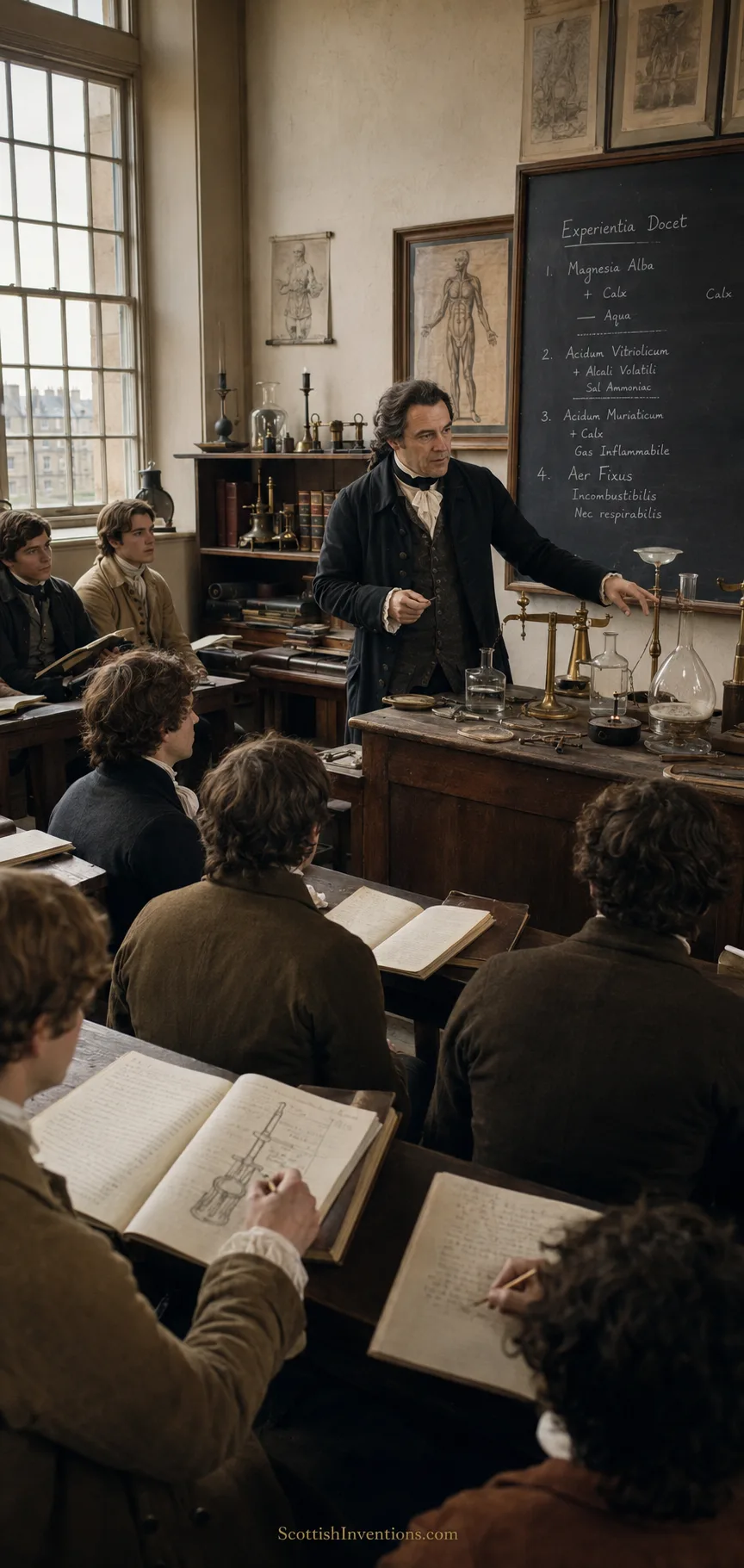 An eighteenth-century Scottish chemistry lecture, the professor at a blackboard listing magnesia alba, calx and aer fixus while students take notes.