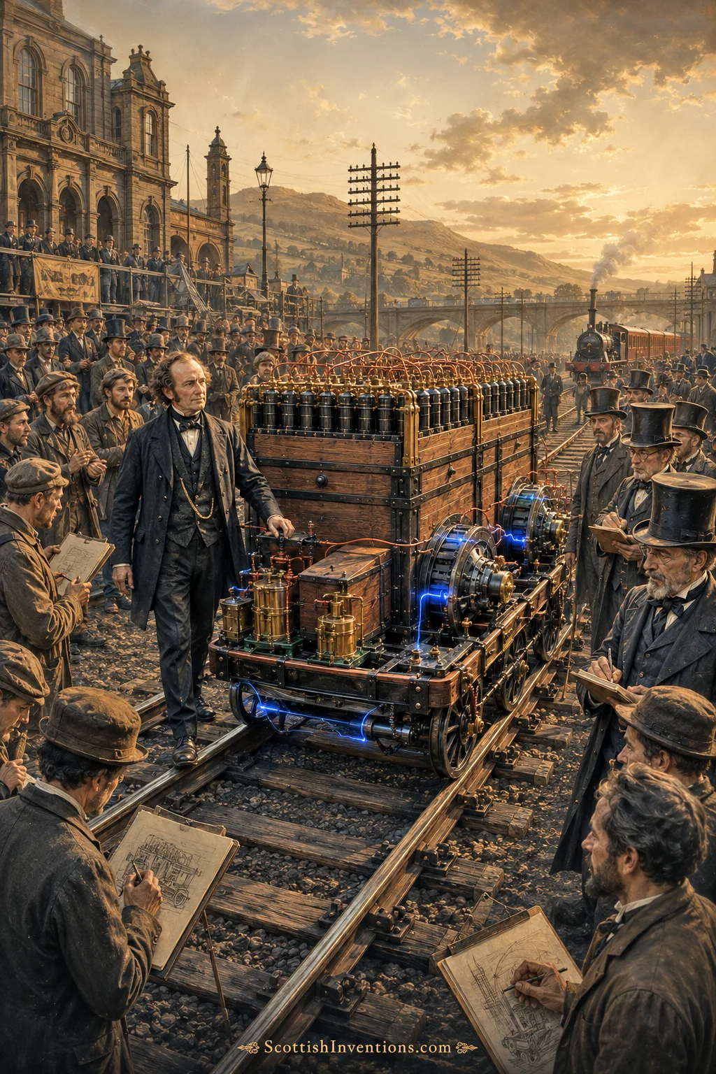 Public Demonstration of the Galvani — September 1842 Public demonstration of Robert Davidson's Galvani electric locomotive on the Edinburgh and Glasgow Railway in 1842.