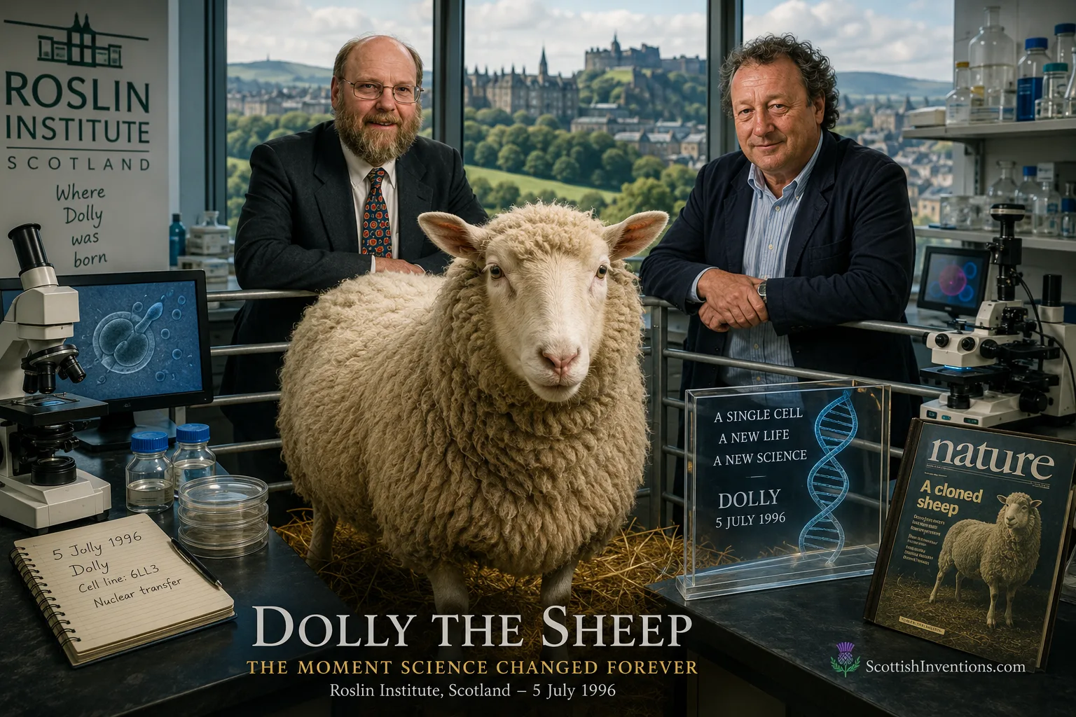 Dolly the Sheep with Ian Wilmut and Keith Campbell at the Roslin Institute in Scotland