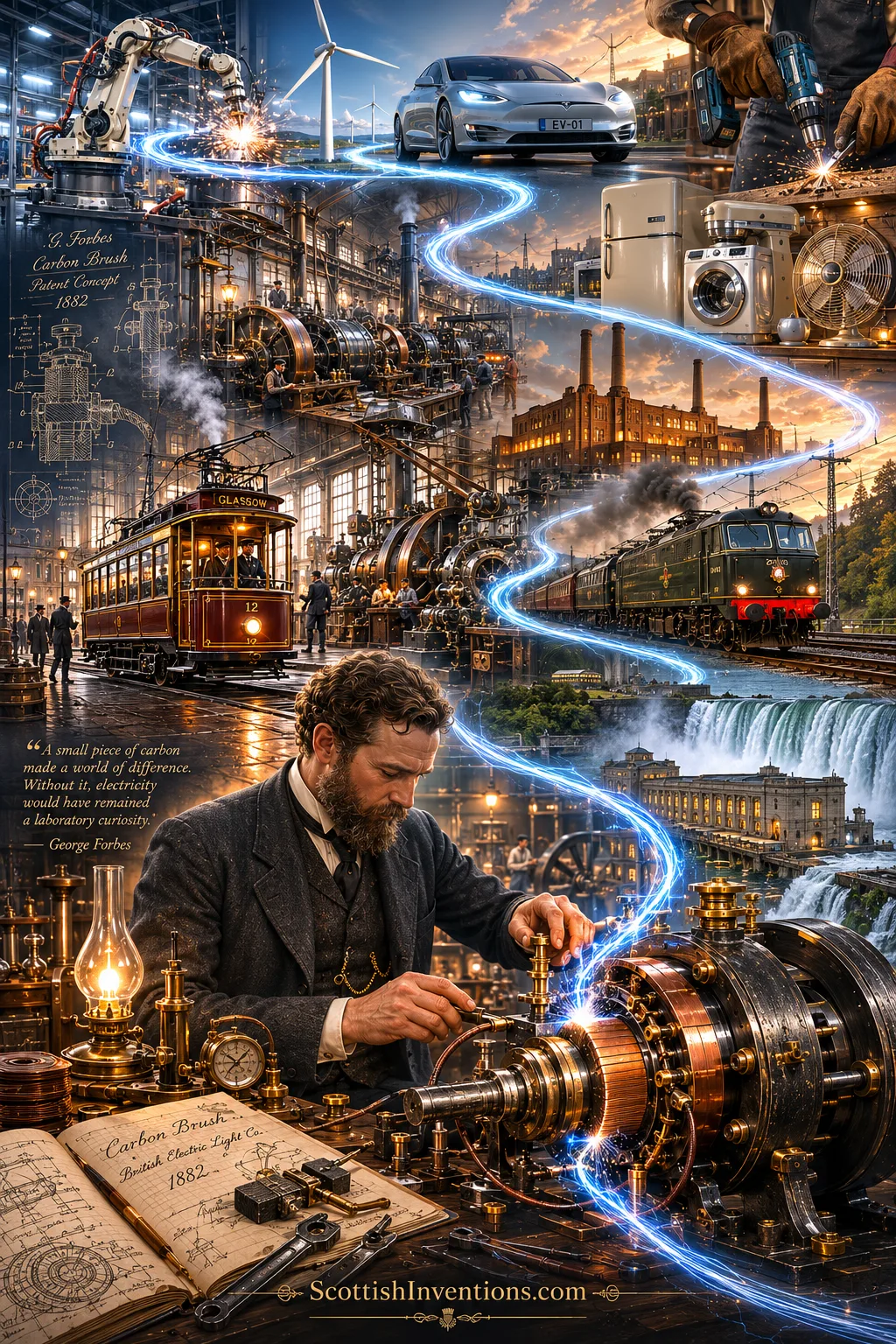 The Carbon Brush Changed the World Timeline showing how George Forbes' Carbon Brush enabled electric transport, factories, appliances, renewable energy and modern industry.