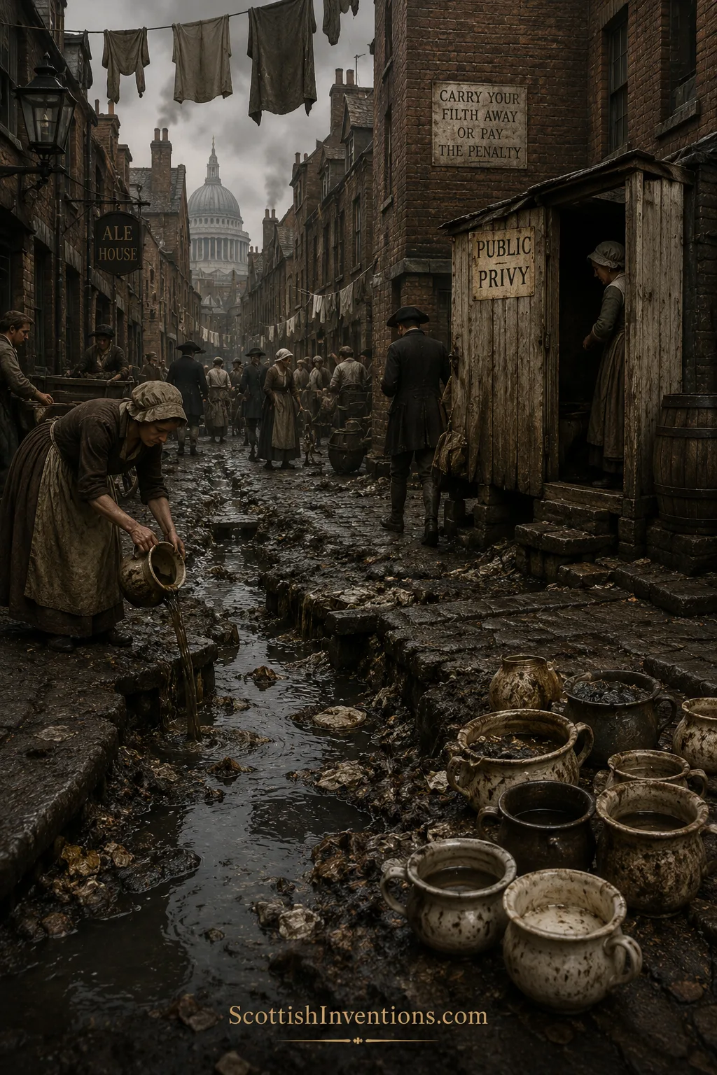 Filthy eighteenth-century London street before modern sanitation showing open drains and public privies