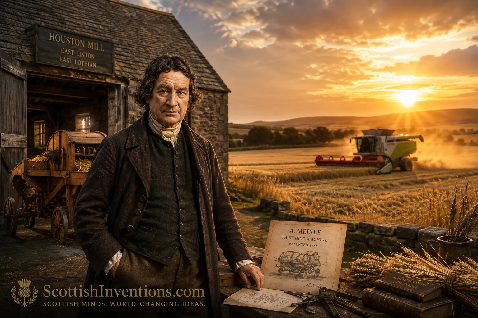 Andrew Meikle outside Houston Mill, East Linton, East Lothian, at sunset — the 1788 threshing-machine patent in his hand, an early machine in the barn behind him and a modern combine harvester at work in the field beyond
