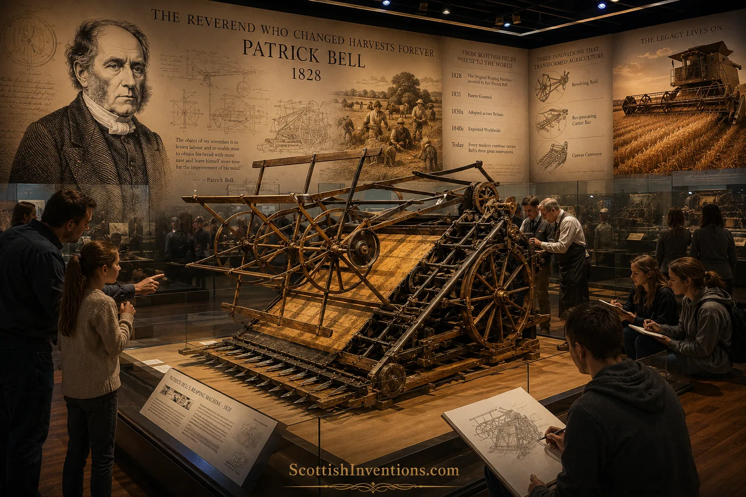 Patrick Bell's 1828 Reaping Machine — Museum Exhibit Patrick Bell's original reaping machine displayed in a museum exhibition.