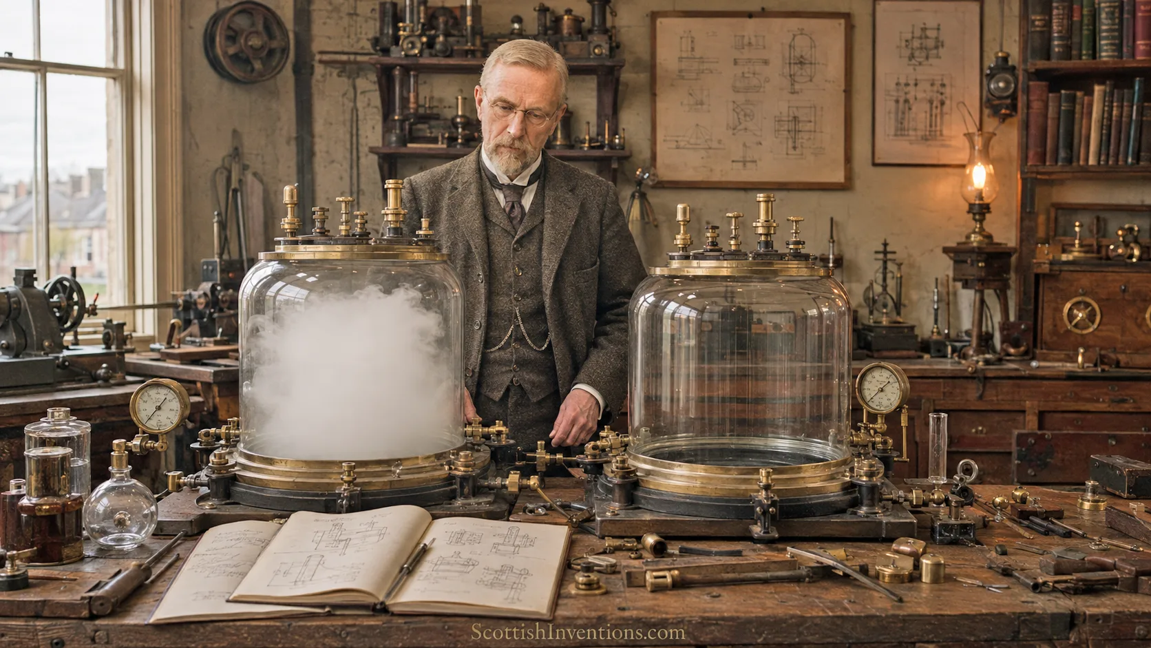 Historical reconstruction of John Aitken demonstrating that dusty air produces a dense cloud while filtered dust-free air resists condensation, in his Falkirk laboratory.