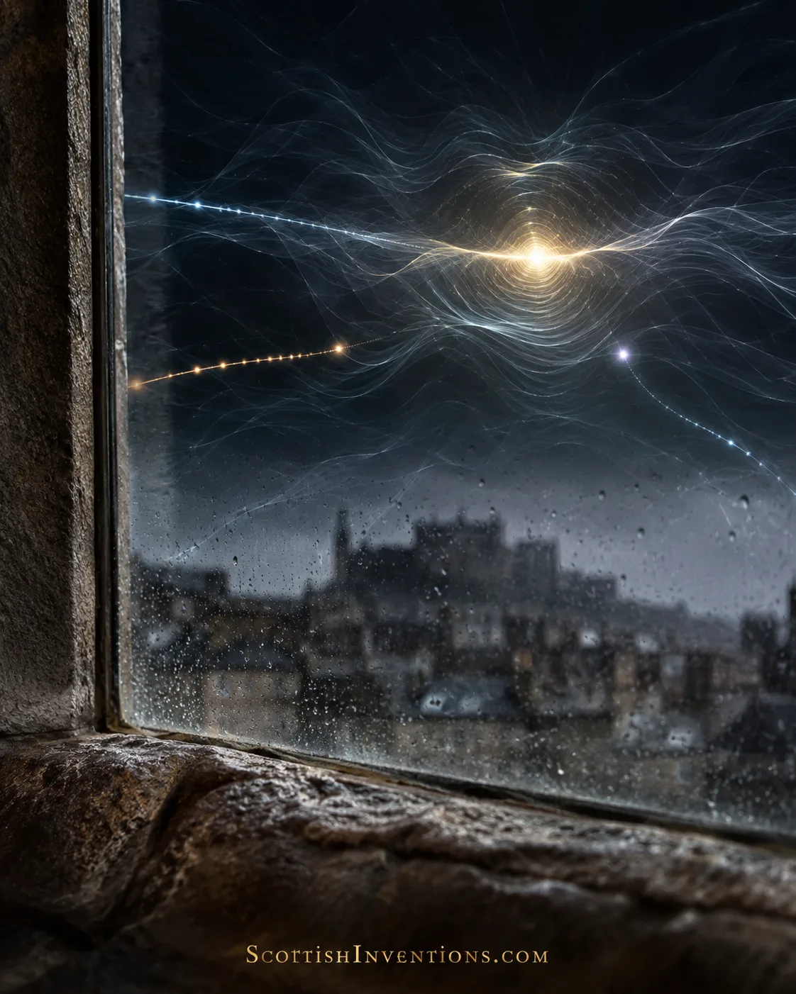 Conceptual visualisation of particles interacting with the Higgs field above a rain-covered Edinburgh window.