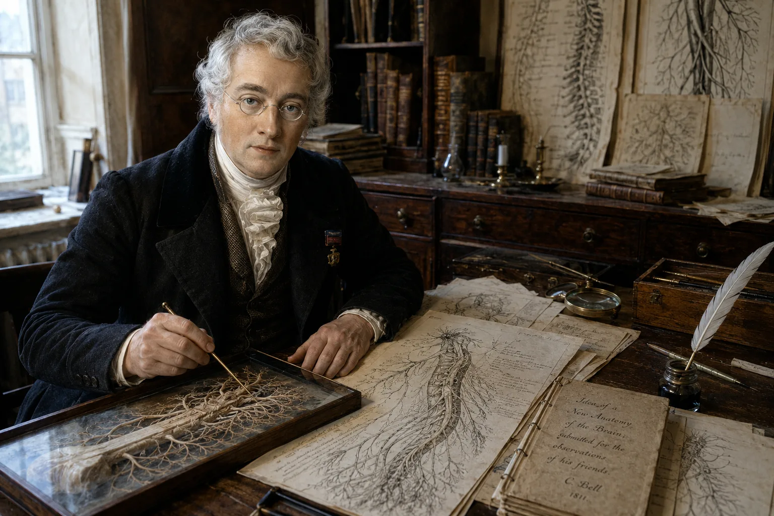 Historical reconstruction of Sir Charles Bell illustrating a spinal nerve diagram in his study.