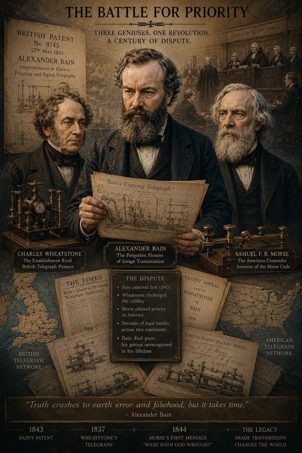 Alexander Bain with Charles Wheatstone and Samuel Morse during the nineteenth-century disputes over telegraph inventions