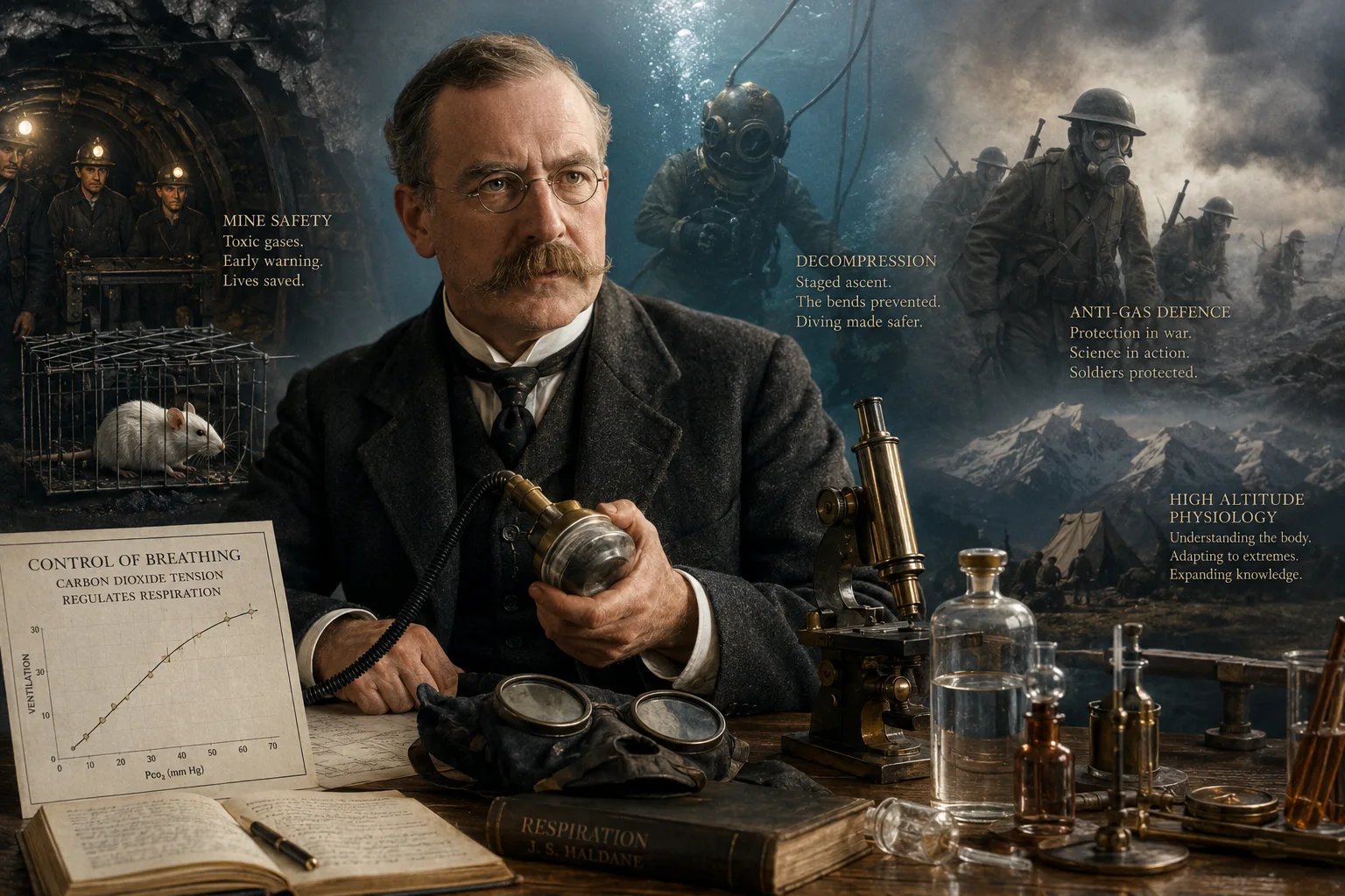 John Scott Haldane in his Oxford laboratory surrounded by scenes of his major contributions: mine gas-safety testing, staged decompression diving, WWI chemical defence, and high-altitude physiology research