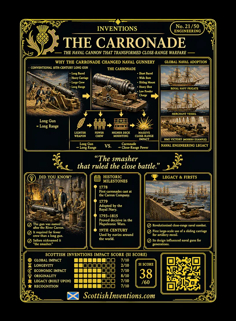 Carronade back — Scottish Inventions Collection Carronade card reverse — the carronade advantage comparison, Carron Ironworks timeline, Robert Burns at the gate, and the dark side of Scotland's most lethal naval weapon
