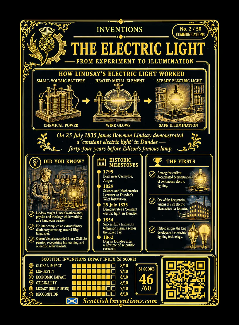 The Electric Light / The Electric Light Back back — Scottish Inventions Collection The Electric Light card reverse — pioneer timeline diagram from Lindsay's 1835 Dundee demonstration through de la Rue's 1840 vacuum experiment to Swan and Edison's 1879 practical lamp, timeline from 1799 to 1854, note on Lindsay's through-water telegraphy across the Tay and his 50-language dictionary