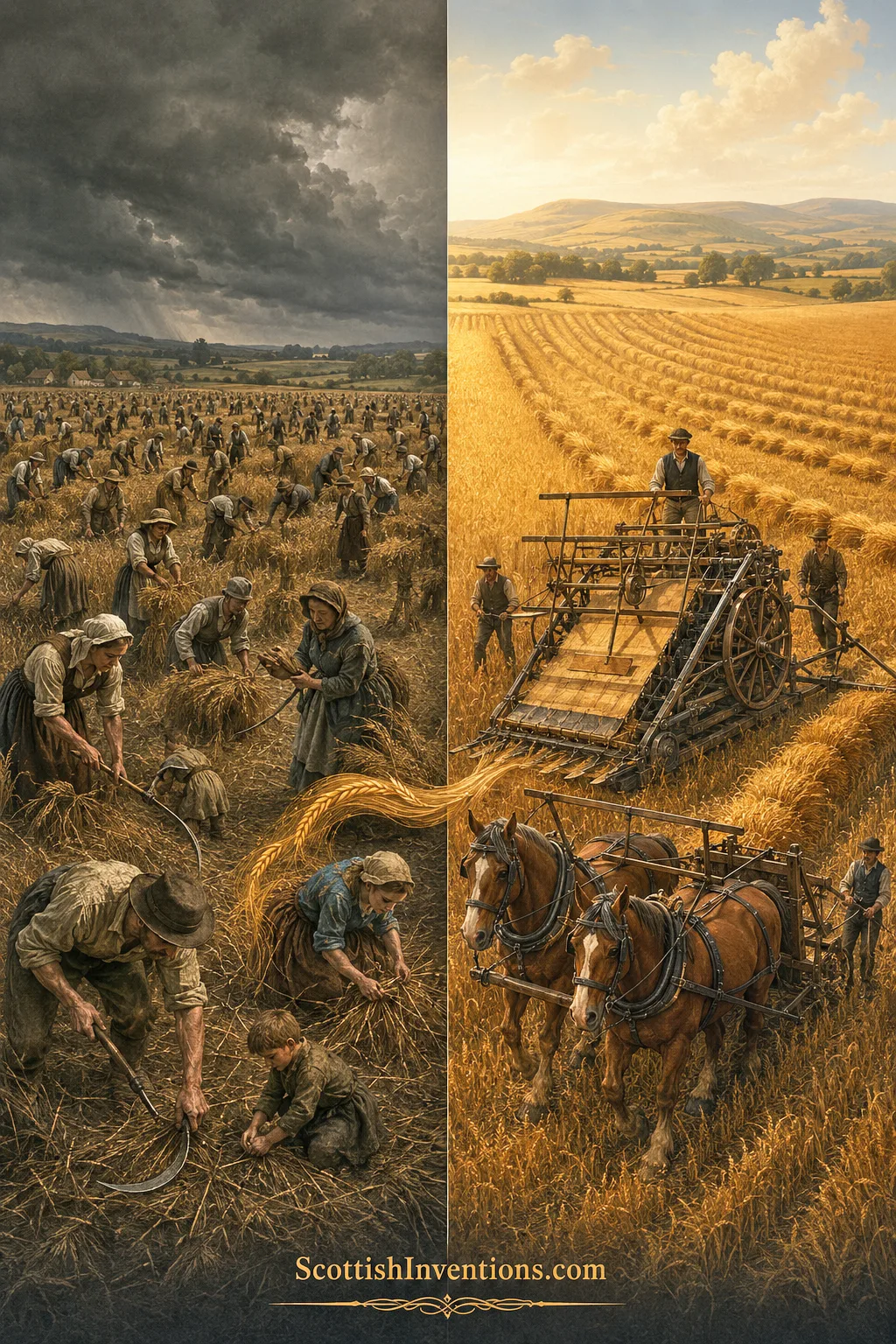 Hand Harvesting vs Patrick Bell's Reaper Comparison between traditional hand harvesting and Patrick Bell's mechanical reaper.