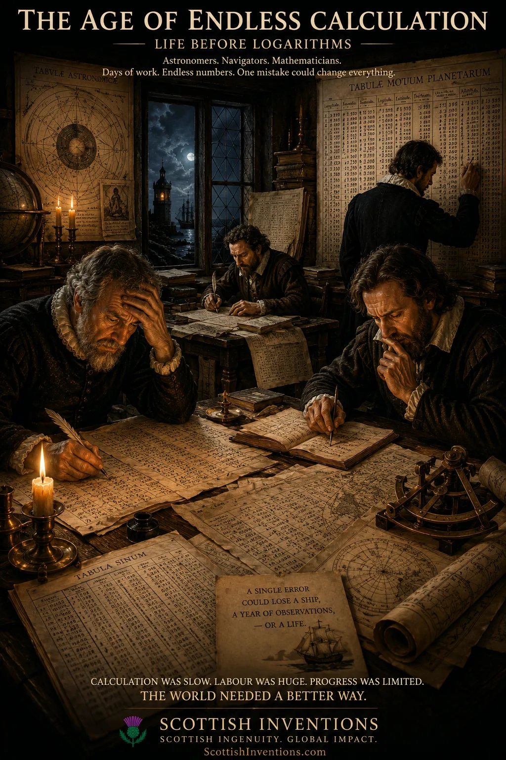Astronomers and navigators struggling with complex calculations before logarithms
