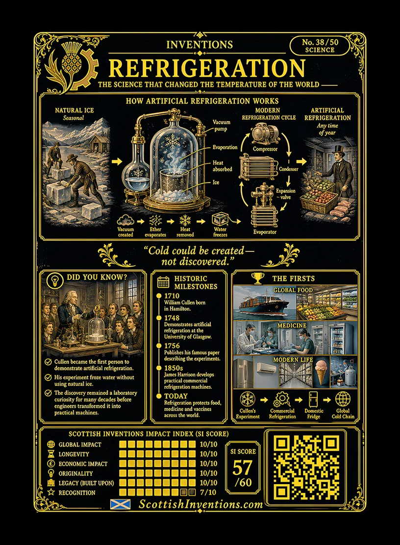 Refrigeration back — Scottish Inventions Collection Refrigeration card reverse — process diagram showing ether in a vessel, air pumped out, and water freezing, William Cullen timeline from 1710 to 1761, myth-busting note on the unverified August 1748 date and James Harrison's true birthplace