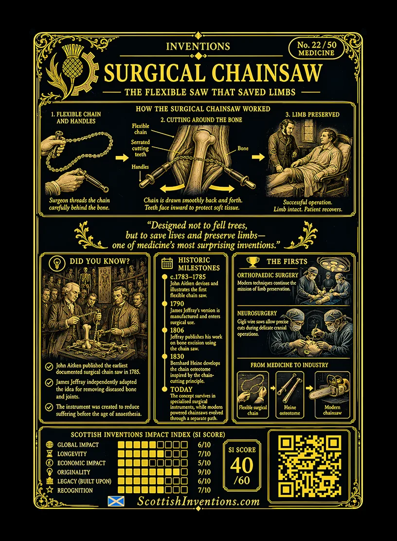 Chainsaw back — Scottish Inventions Collection Chainsaw card reverse — the two inventors John Aitken and James Jeffray, timeline and surgical origin of the chainsaw