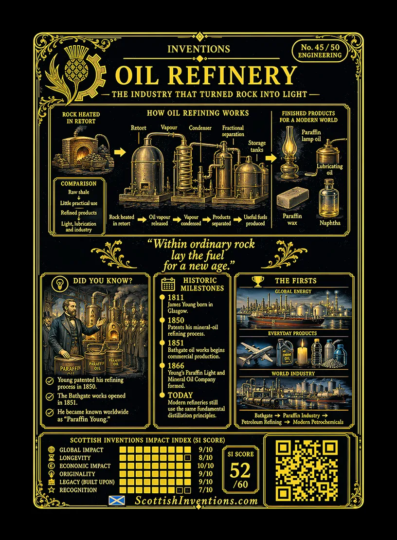 The Oil Refinery back — Scottish Inventions Collection The Oil Refinery card reverse — diagram of fractional distillation showing coal heated, oil vapour condensed and separated into oil, naphtha and wax, James Young timeline from 1811 to 1851, note distinguishing Young's refining breakthrough from Edwin Drake's later oil well