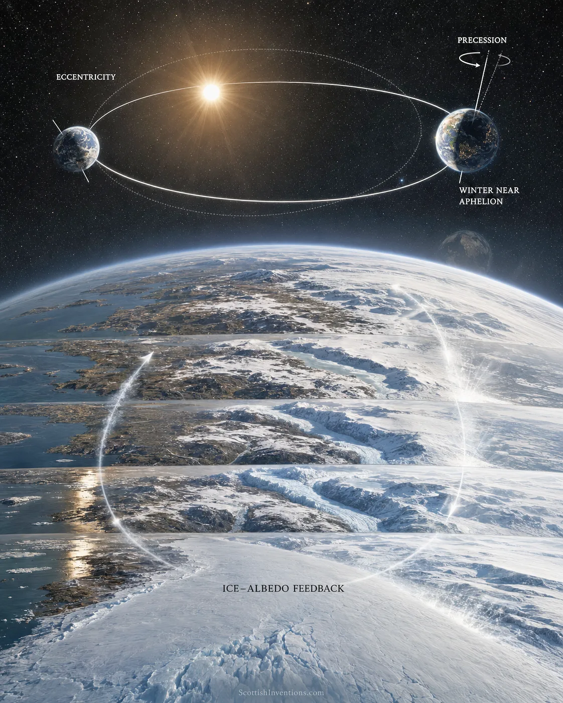 Diagram showing Earth's orbital eccentricity, precession, and winter falling near aphelion, with the resulting ice-albedo feedback loop illustrated across a glaciated landscape.