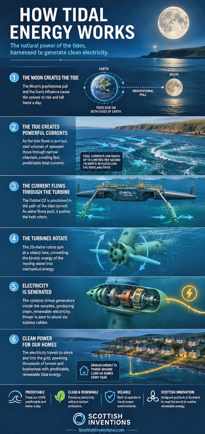How tidal energy works infographic — the Moon's gravity drives the tides, fast tidal currents spin the Orbital O2 rotors, generators produce electricity that powers homes
