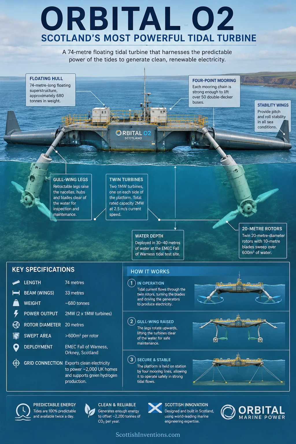 Annotated diagram of the Orbital O2 tidal turbine showing its 74-metre floating hull, gull-wing legs, twin 1 MW turbines, 20-metre rotors and four-point mooring
