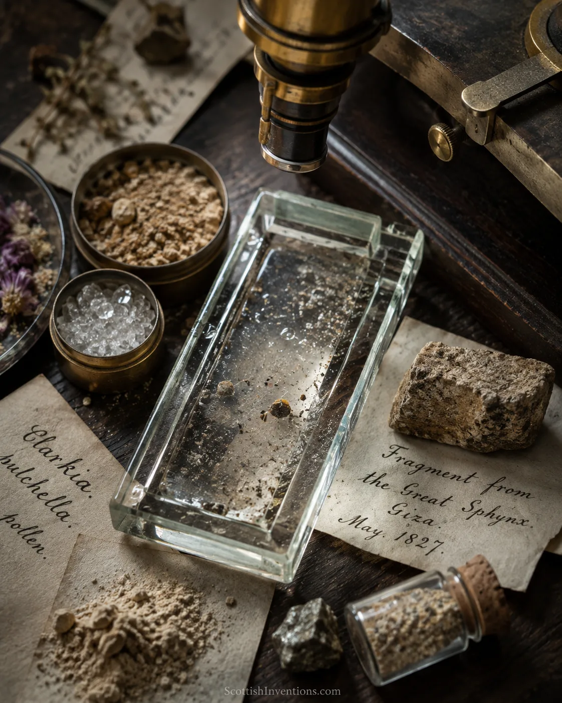 Historical reconstruction of microscopic mineral particles and a Sphinx-associated sample used to illustrate Robert Brown's inorganic Brownian-motion experiments.