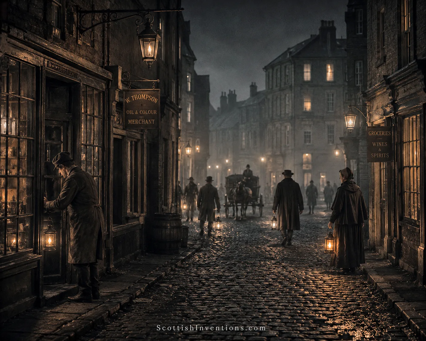 Dark eighteenth-century street illuminated only by oil lamps before widespread gas lighting