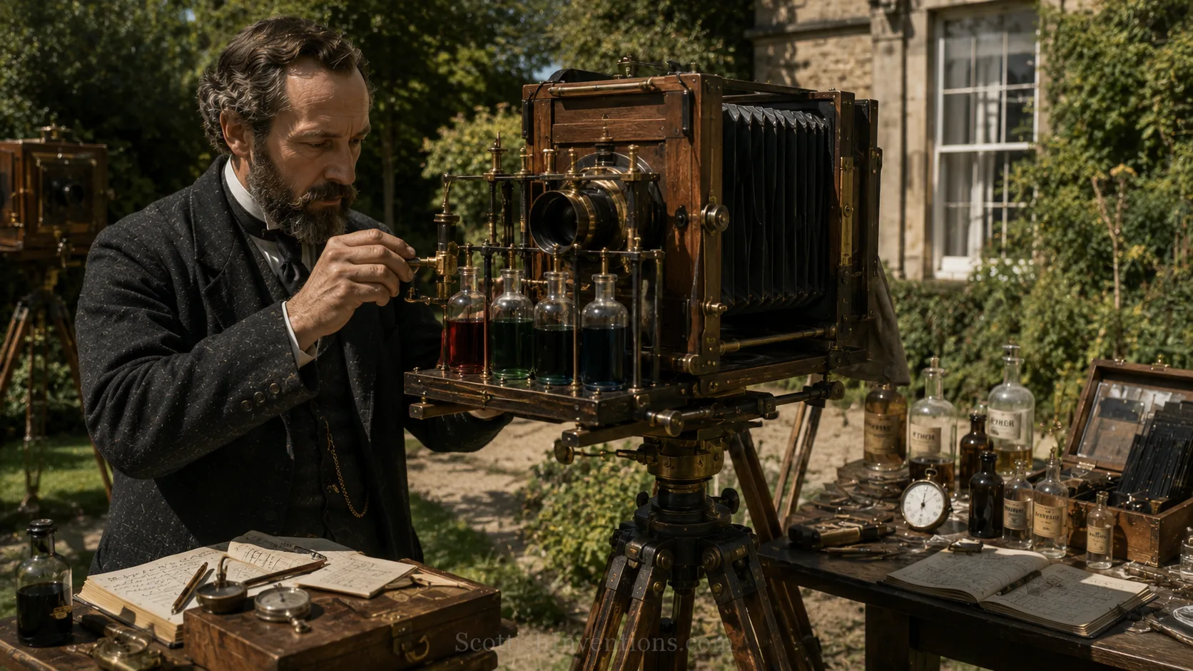 Thomas Sutton photographing the famous tartan ribbon using Maxwell's three-colour photographic method in 1861