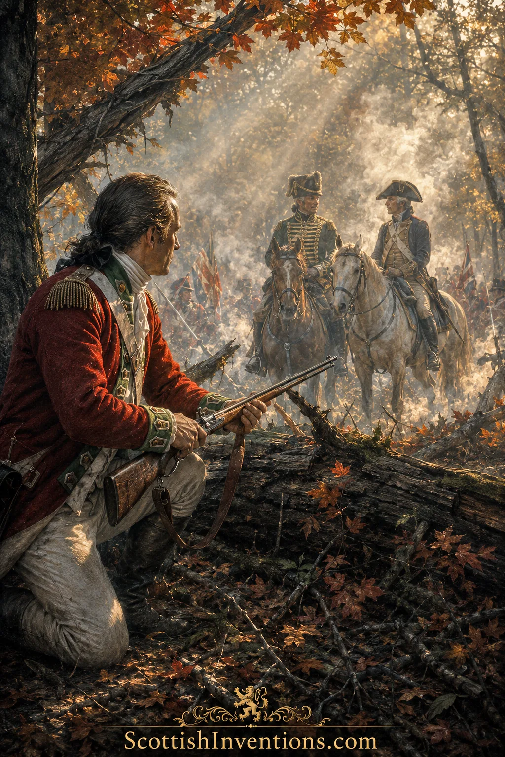 Major Patrick Ferguson demonstrating his breech-loading rifle before British military leaders at Woolwich in 1776
