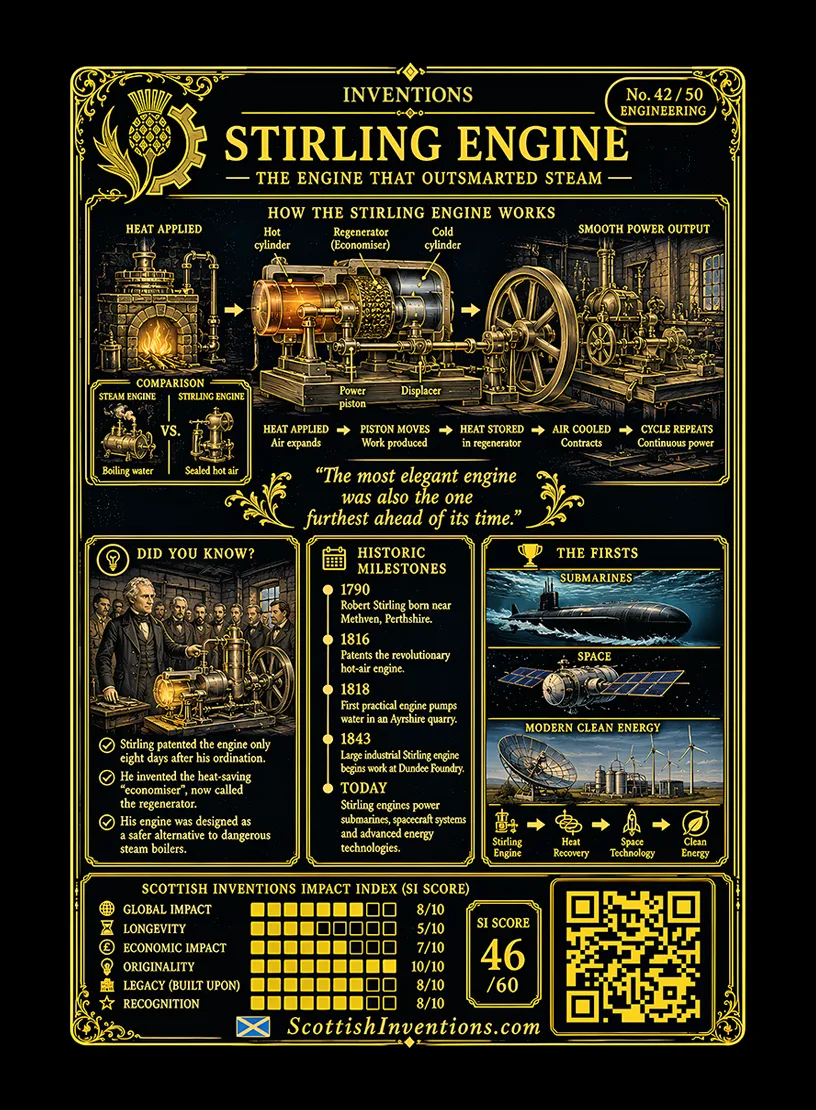 The Stirling Engine back — Scottish Inventions Collection The Stirling Engine card reverse — diagram of the closed thermodynamic cycle showing the hot side, the economiser and the cold side in a continuous loop, Robert Stirling timeline from 1790 to 1843, note correcting a myth about an ASME landmark designation