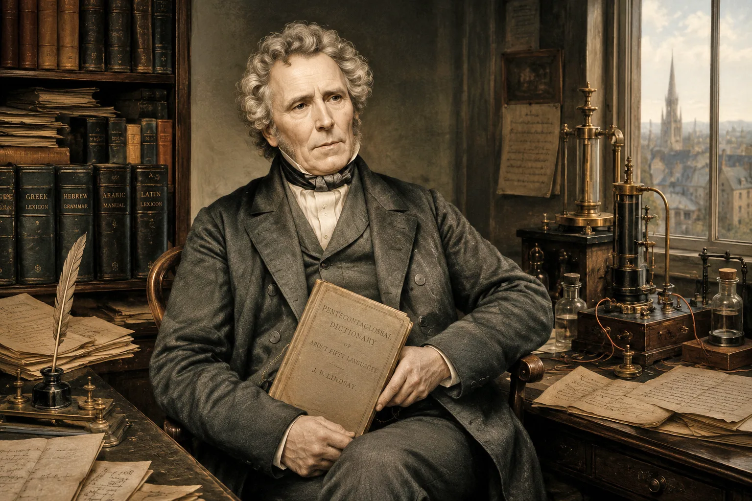 Portrait of Scottish inventor James Bowman Lindsay in his study