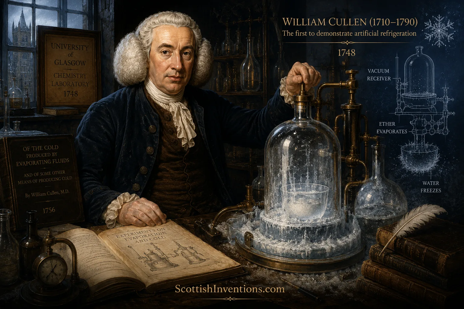 William Cullen Scottish physician demonstrating the first artificial refrigeration experiment