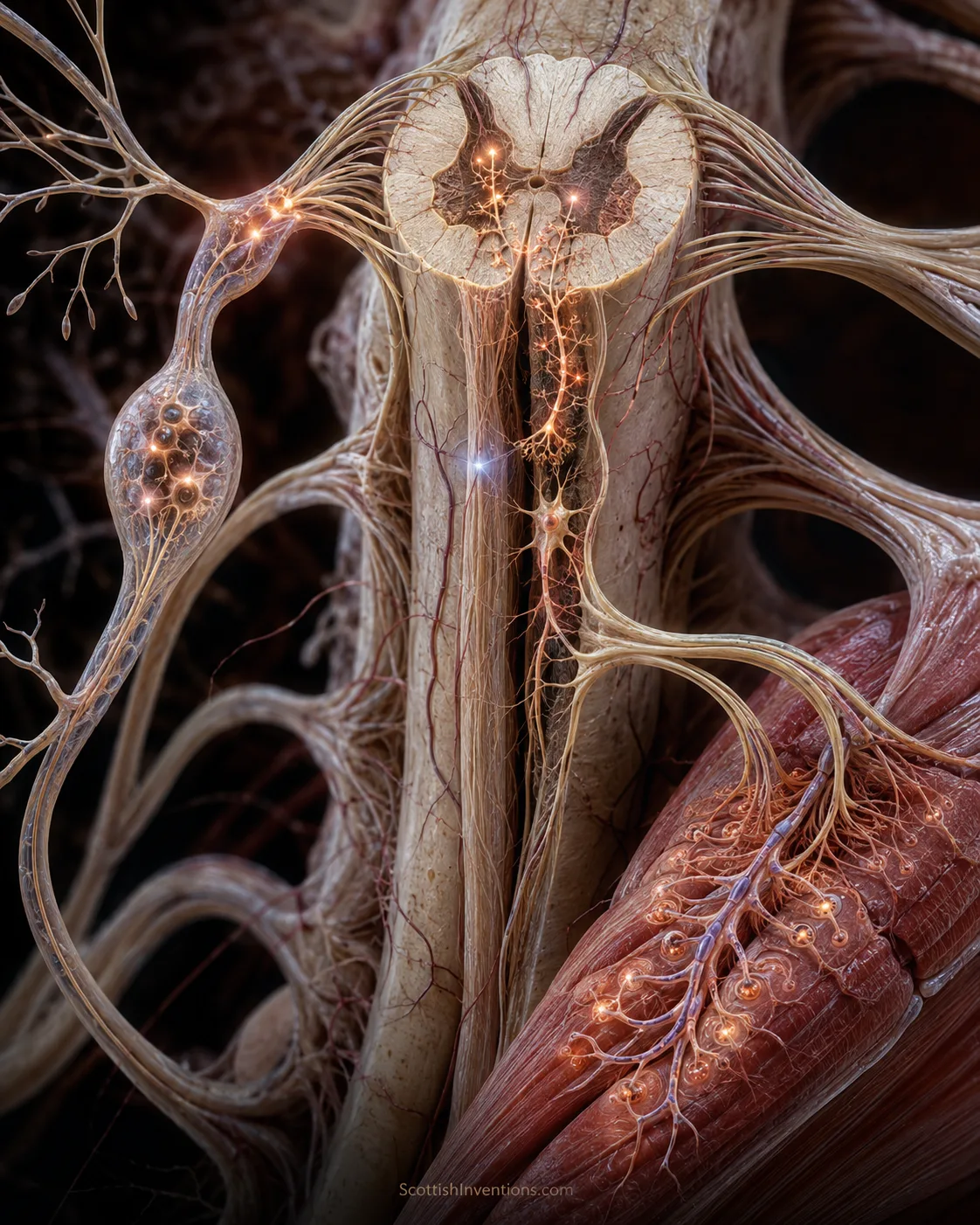 Scientific visualisation of the spinal cord showing the sensory (dorsal) and motor (ventral) nerve roots.