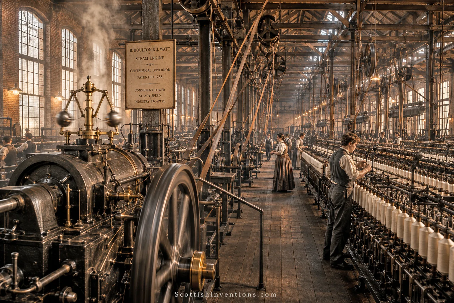 Steam engine fitted with James Watt's centrifugal governor powering a nineteenth-century textile mill